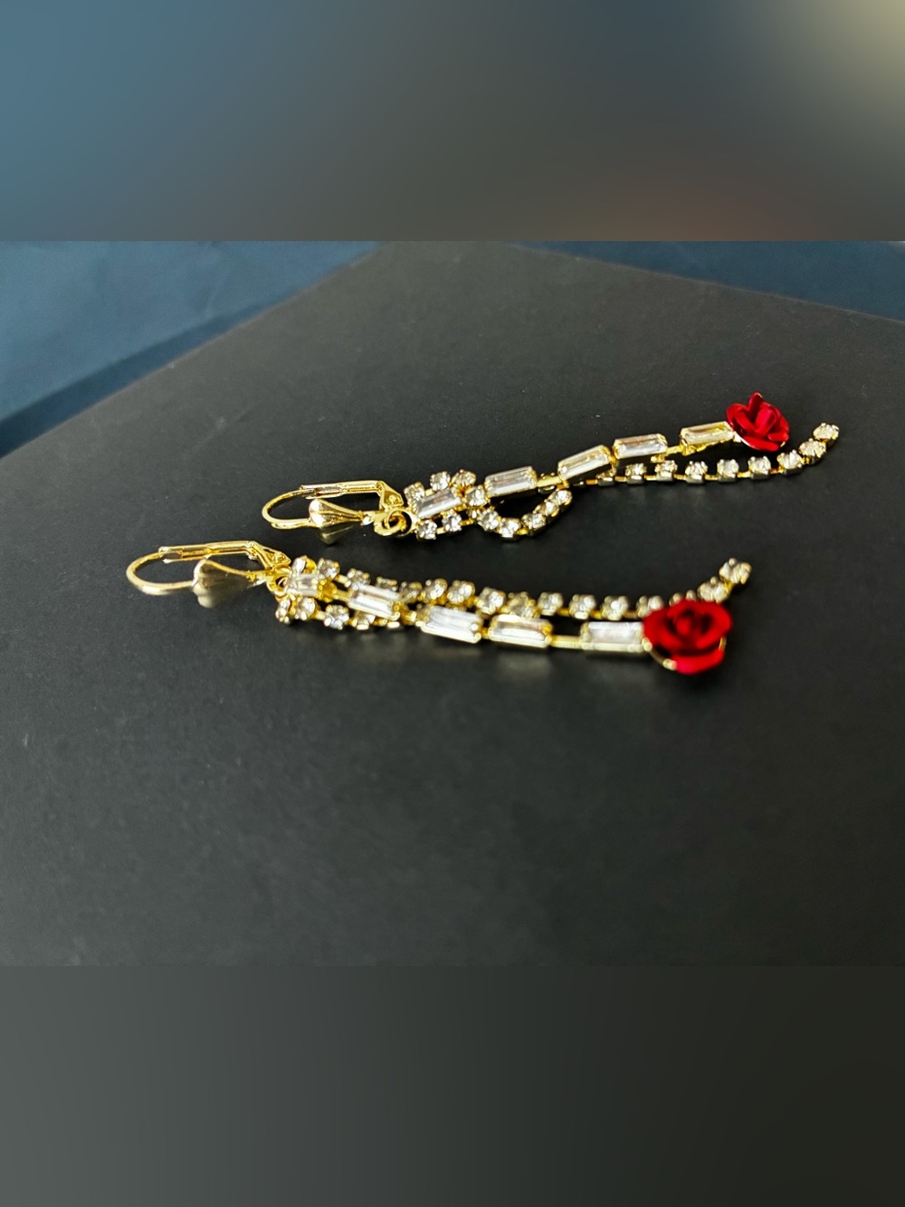 Gold-Tone Crystal Drop Earrings with Red Rose Accent
